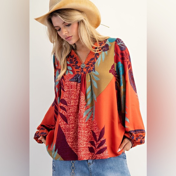 Easel rust olive floral patchwork bubble sleeve western boho tunic top blouse - Picture 3 of 4